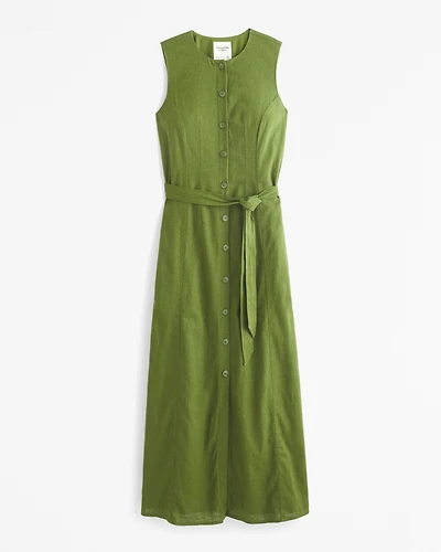 Linen-Blend Belted Midi Dress