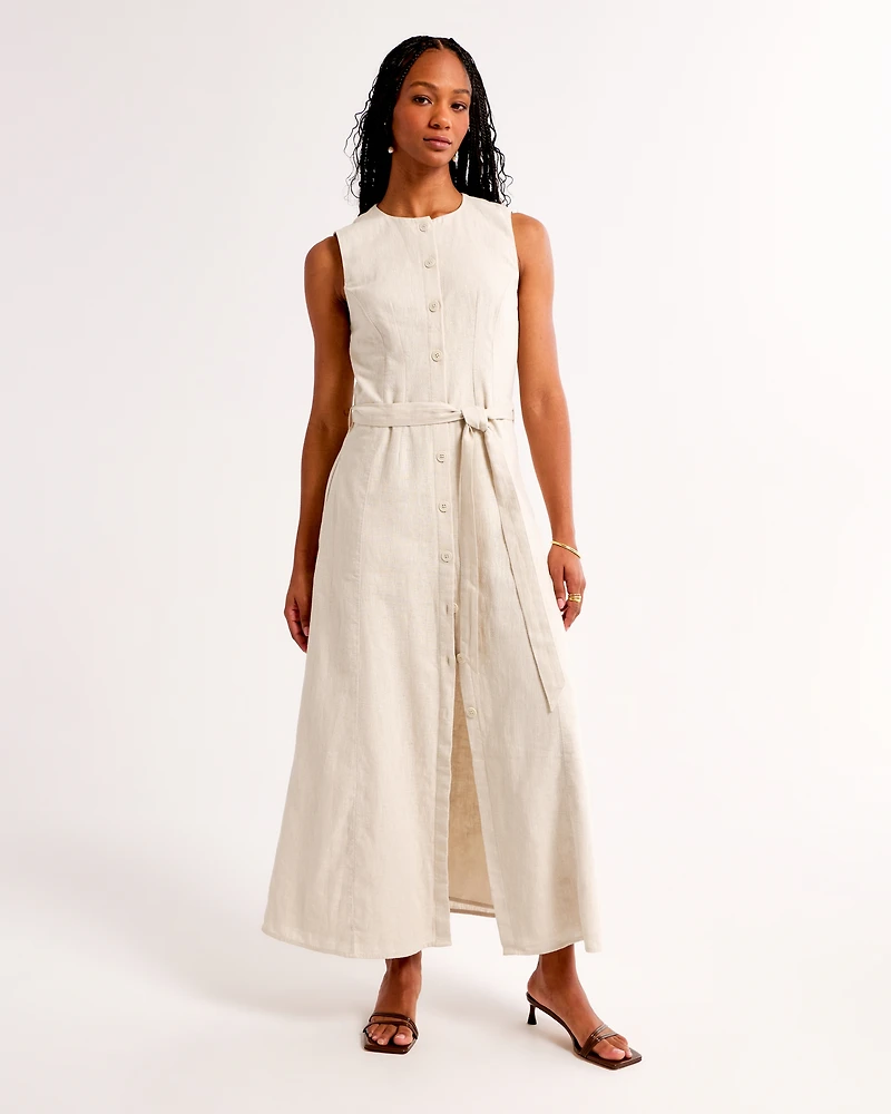 Linen-Blend Belted Midi Dress