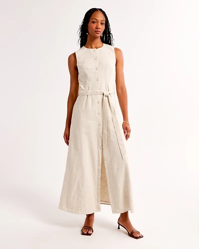 Linen-Blend Belted Midi Dress