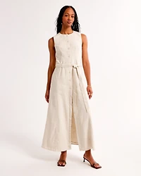 Linen-Blend Belted Midi Dress