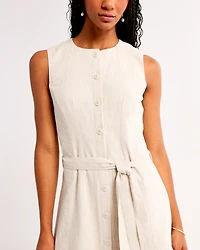 Linen-Blend Belted Midi Dress