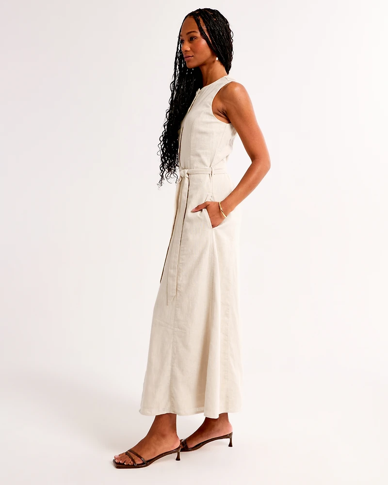 Linen-Blend Belted Midi Dress