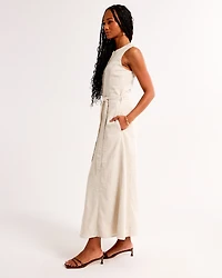 Linen-Blend Belted Midi Dress
