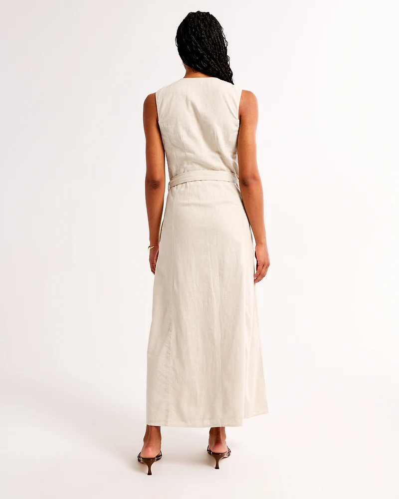 Linen-Blend Belted Midi Dress