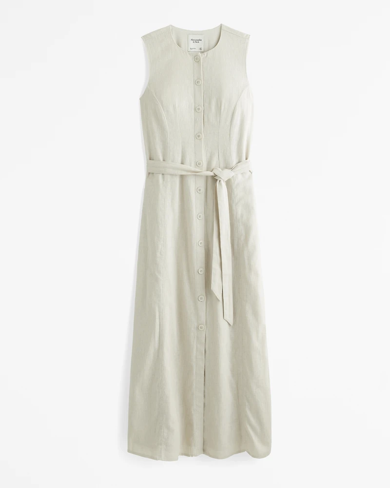 Linen-Blend Belted Midi Dress
