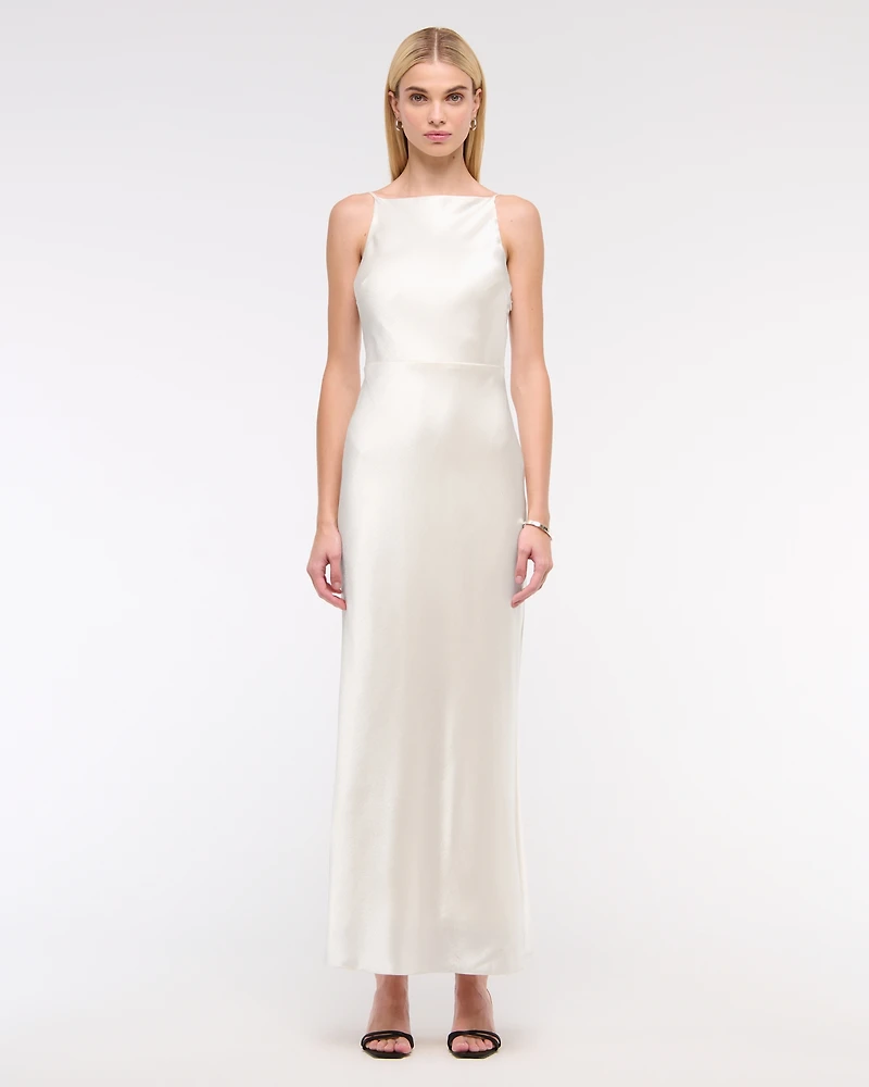 High-Neck Crinkle Satin Maxi Dress