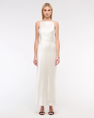 High-Neck Crinkle Satin Maxi Dress