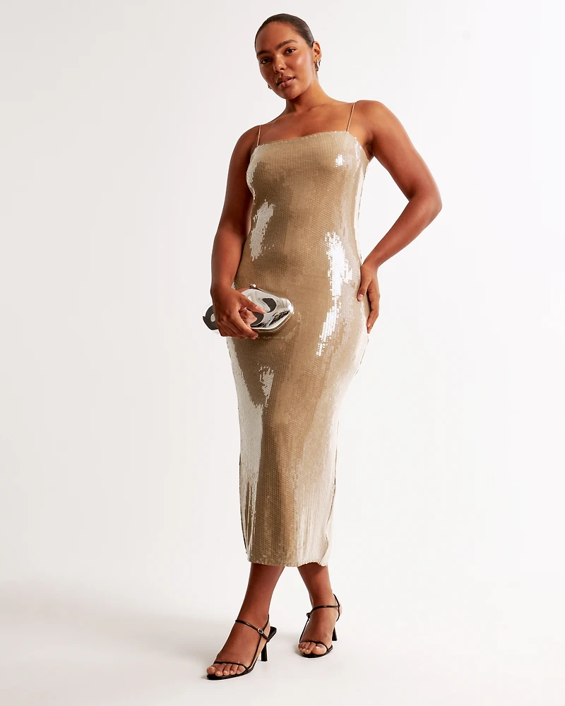 Straight Neck Sequin Midi Dress