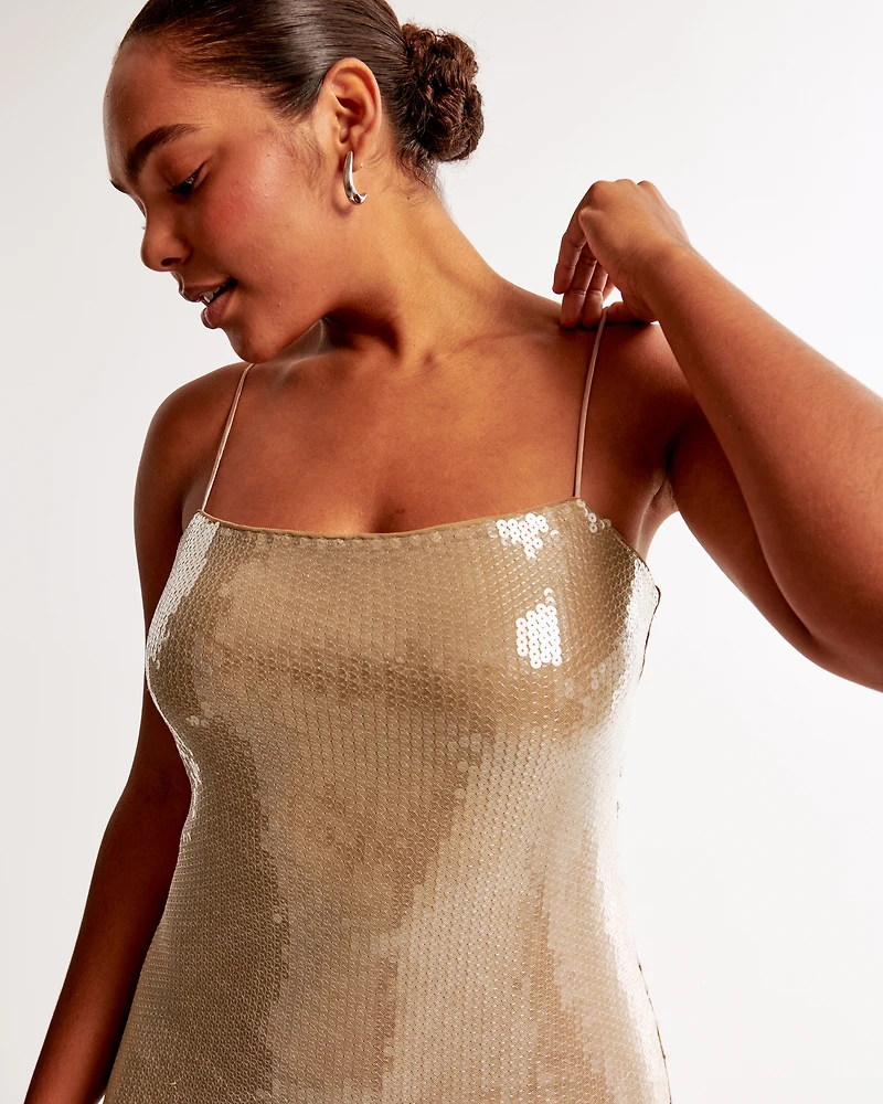 Straight Neck Sequin Midi Dress