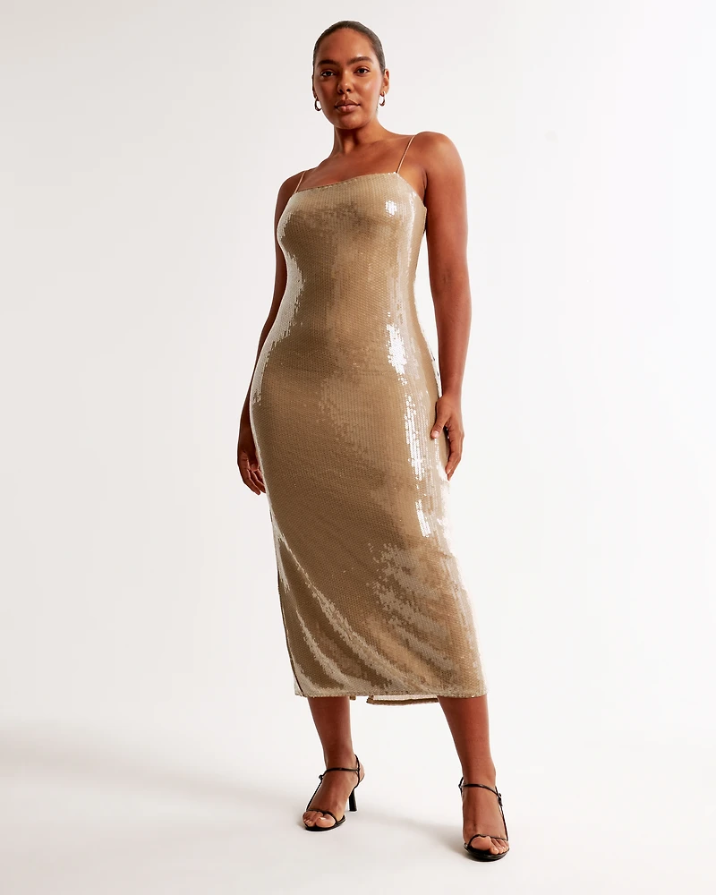 Straight Neck Sequin Midi Dress