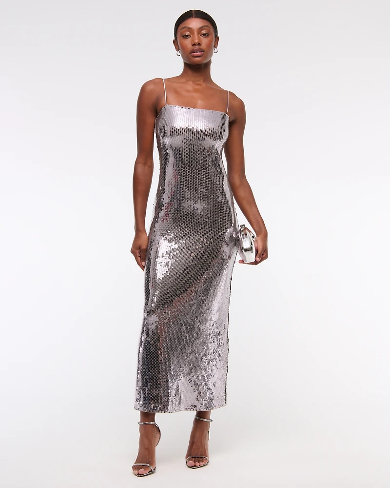 Straight Neck Sequin Midi Dress