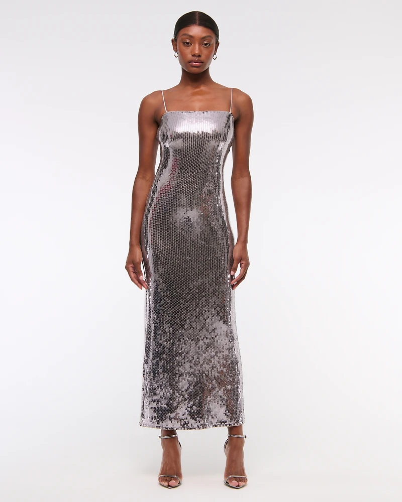 Straight Neck Sequin Midi Dress