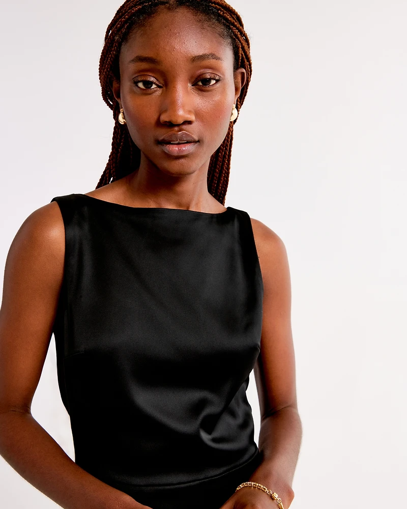 High-Neck Satin Sculpt Midi Dress