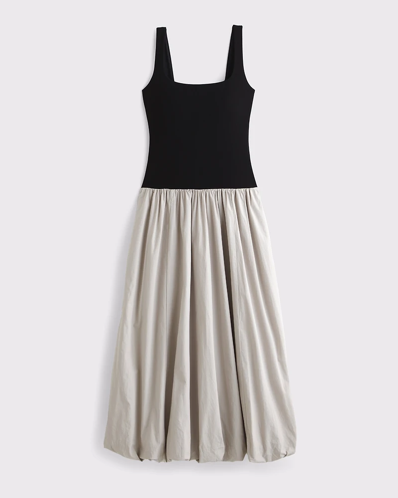 Mixed Fabric Bubble Hem Midi Dress