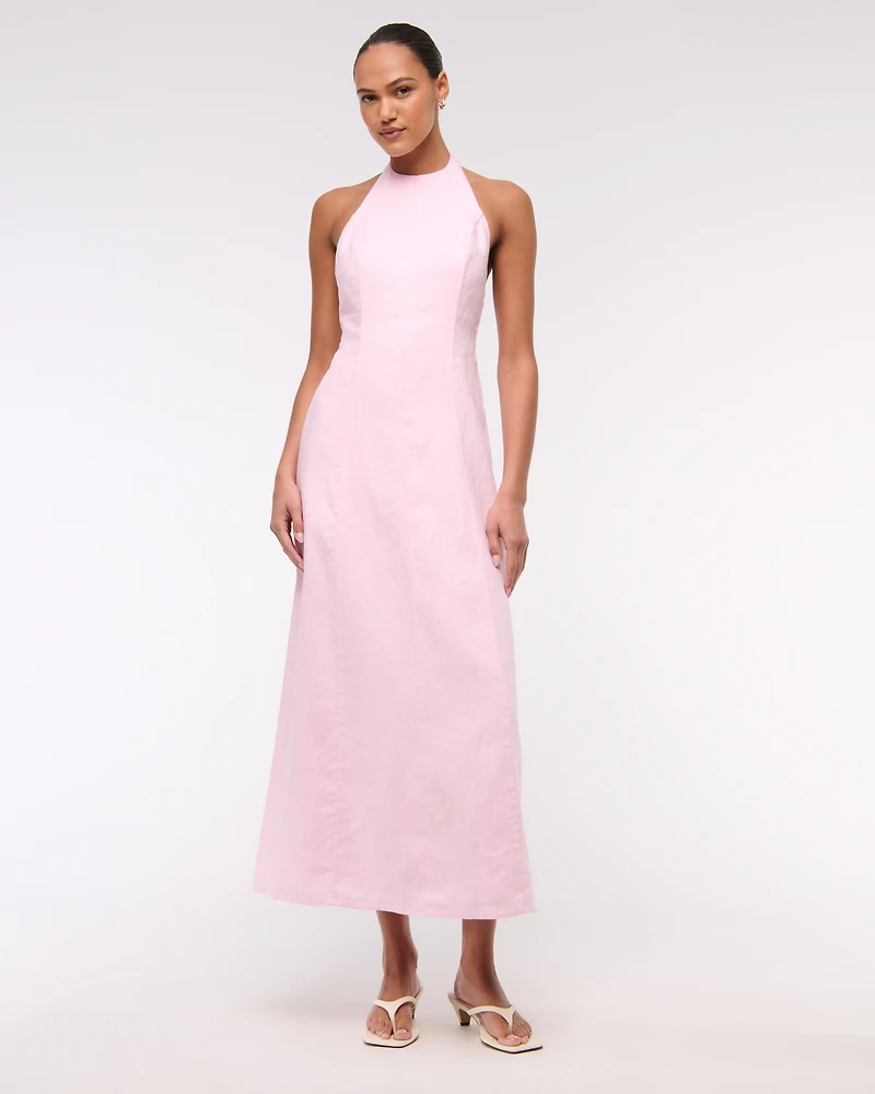 Premium Linen High-Neck Maxi Dress
