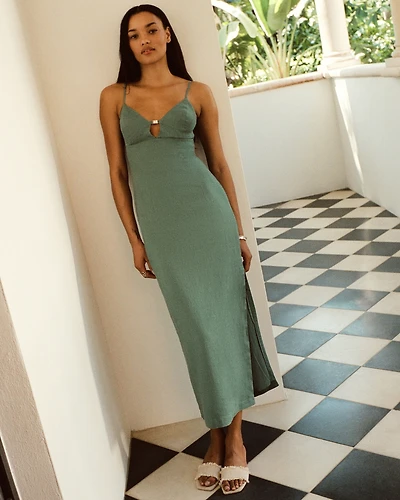 Premium Linen Cutout Midi Dress
