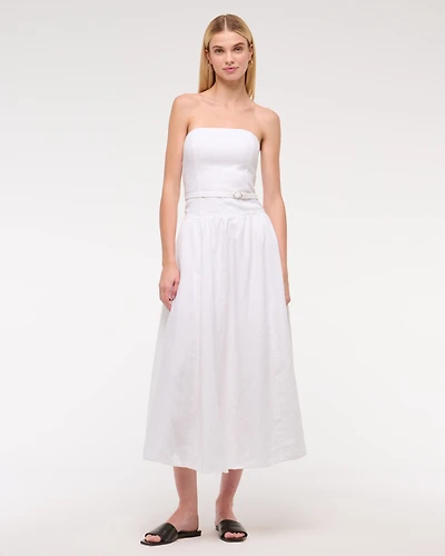 Premium Linen Drop-Waist Belted Midi Dress