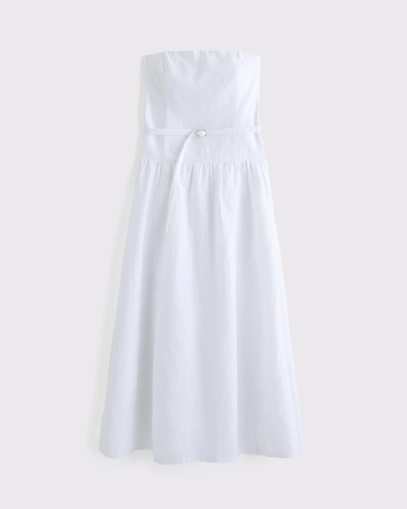 Premium Linen Drop-Waist Belted Midi Dress