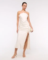 High Neck Lace Trim Midi Dress