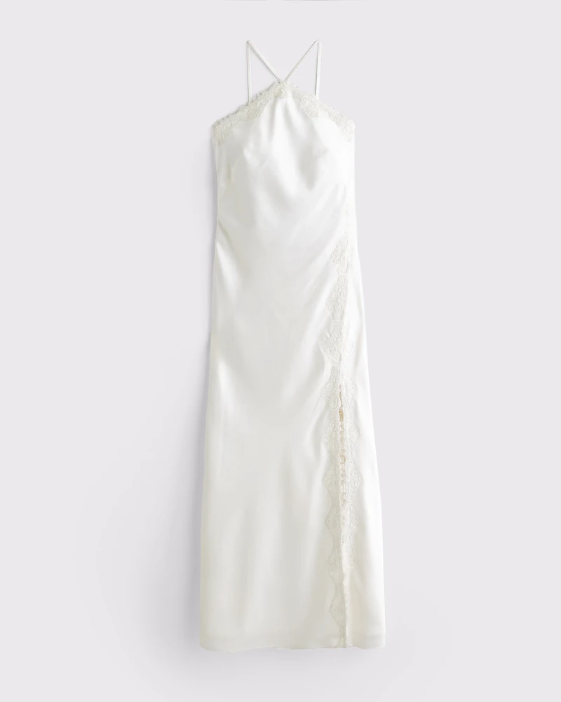 High Neck Lace Trim Midi Dress