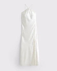High Neck Lace Trim Midi Dress