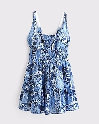 Smocked Tie-Front Mini Dress