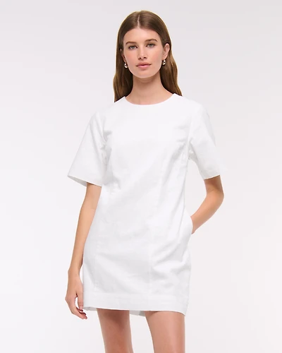 Short-Sleeve Linen-Blend Button Mini Dress