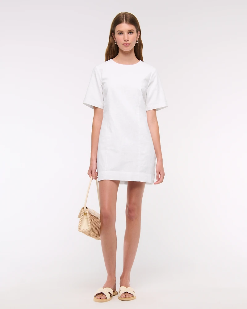 Short-Sleeve Linen-Blend Button Mini Dress