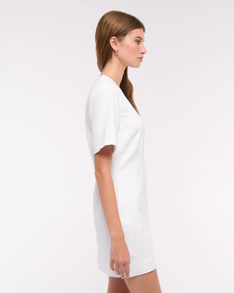Short-Sleeve Linen-Blend Button Mini Dress