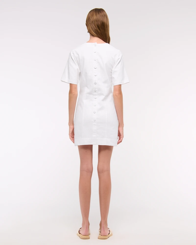 Short-Sleeve Linen-Blend Button Mini Dress
