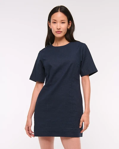 Short-Sleeve Linen-Blend Button Mini Dress