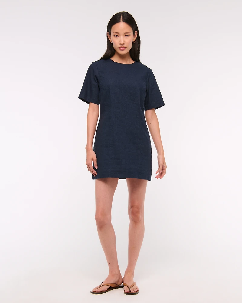 Short-Sleeve Linen-Blend Button Mini Dress