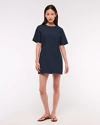 Short-Sleeve Linen-Blend Button Mini Dress