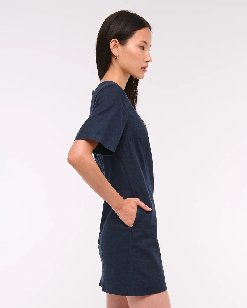 Short-Sleeve Linen-Blend Button Mini Dress