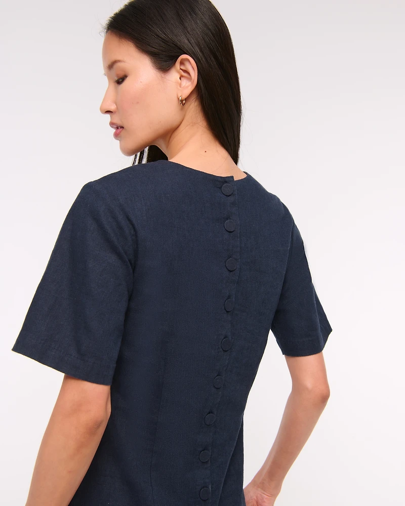 Short-Sleeve Linen-Blend Button Mini Dress