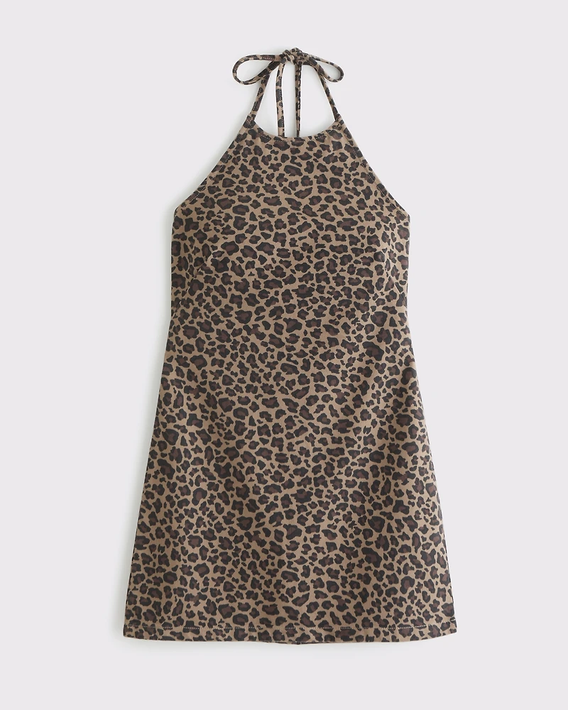 Open-Back Halter Denim Mini Dress