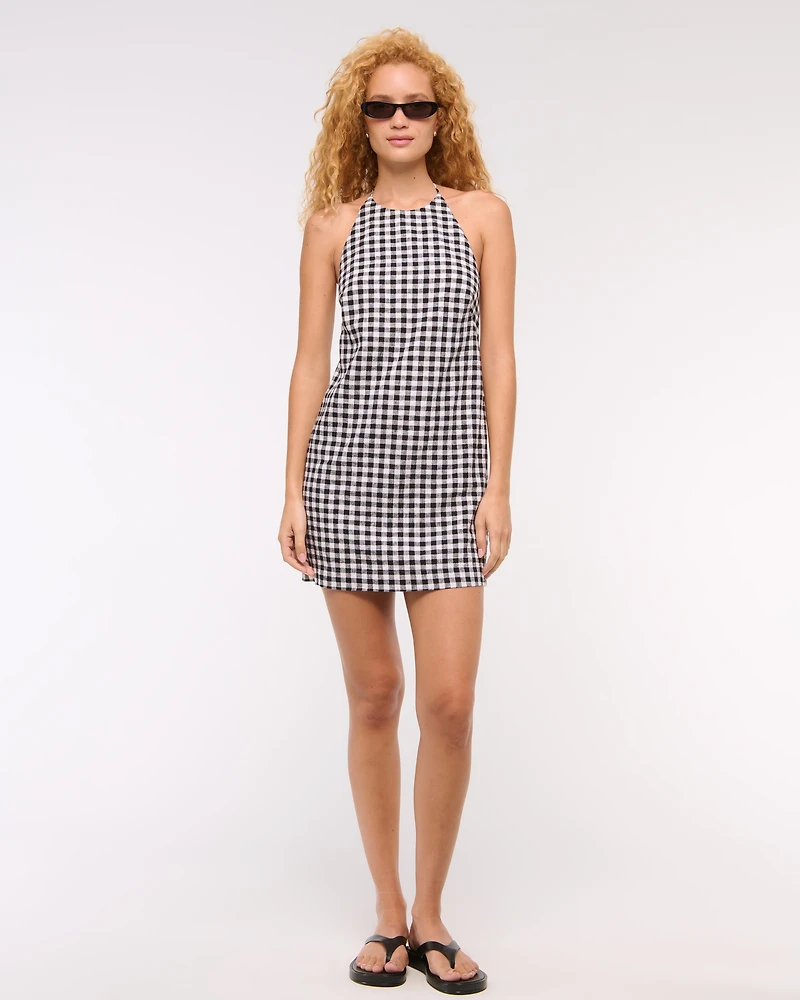 Open-Back Halter Linen-Blend Mini Dress