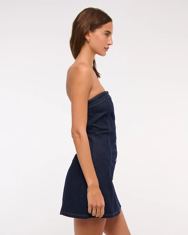 uo angelique fit-and-flare strapless denim mini dress Urban Outfitters Uo Angelique Fit-And-Flare Strapless Denim Mini Dress in  Blue