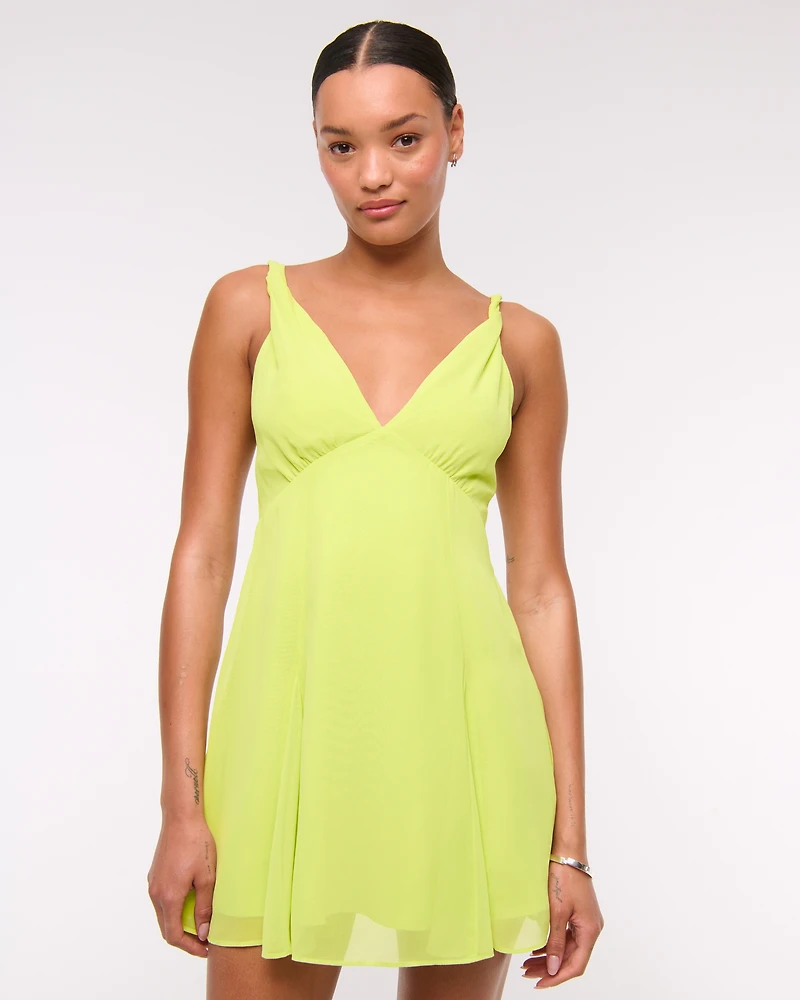 V-Neck Twist Godet Mini Dress