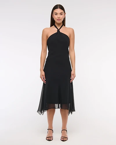 Halter Asymmetrical Hem Midi Dress