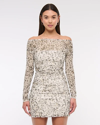 Off-The-Shoulder Mesh Mini Dress