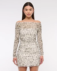 Off-The-Shoulder Mesh Mini Dress