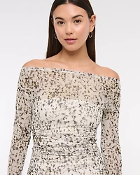 Off-The-Shoulder Mesh Mini Dress
