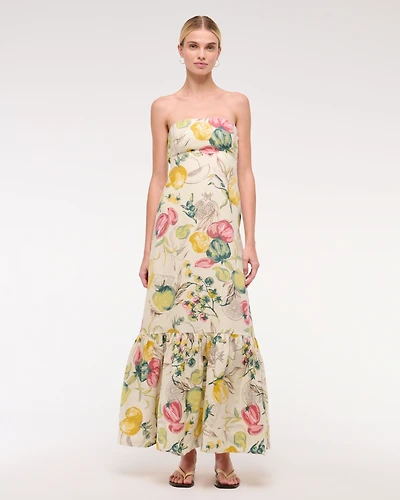 Premium Linen Strapless Babydoll Maxi Dress