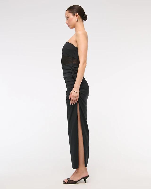 abercrombie sheer maxi dress Abercrombie & Fitch long sleeve mesh maxi dress in black with side slit