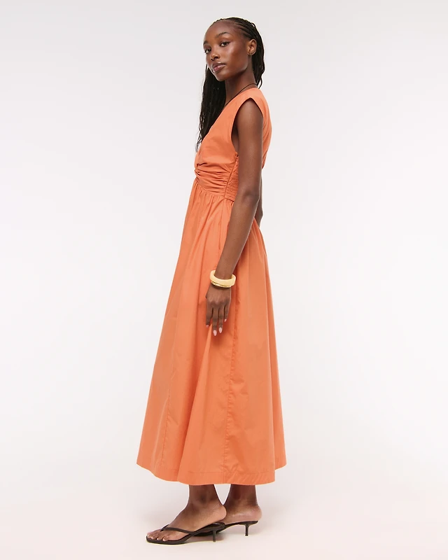 abercrombie orange dress Women's A&F Sydney Smocked Dipped-Waist Midi in | Size L TALL Main 100% Polyester ABERCROMBIE AND FITCH Burnt Orange