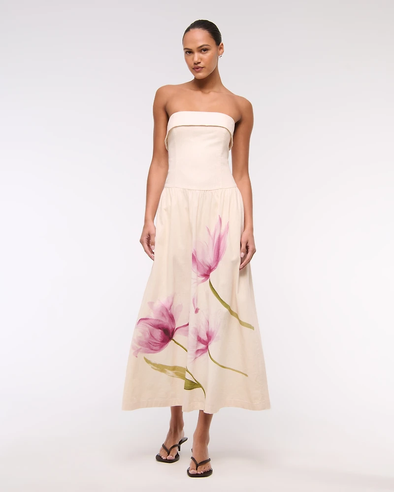 Strapless Drop-Waist Linen-Blend Maxi Dress