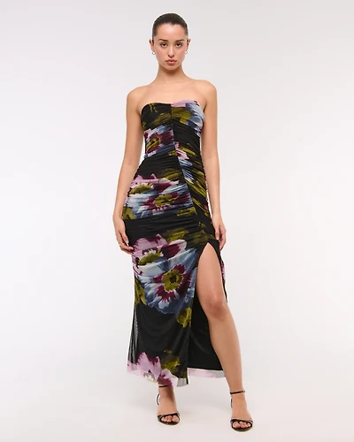 Mesh Strapless Ruched Maxi Dress