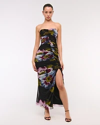 Mesh Strapless Ruched Maxi Dress