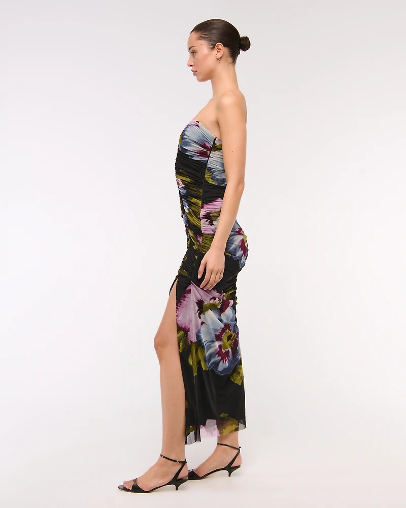 Mesh Strapless Ruched Maxi Dress